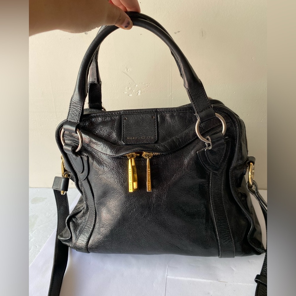 Marc Jacobs Black Shiny Goatskin Leather Baroque Satchel Bag Gold Hardware Y2K - Picture 4 of 16